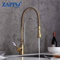 ZAPPO Gold and Chrome Kitchen Sink Faucet High Arc 360 Swiveling Faucets Dual-Mode Pull-Down Sprayer with Porcelain Handle Mixer