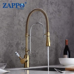 ZAPPO Gold and Chrome Kitchen Sink Faucet High Arc 360 Swiveling Faucets Dual-Mode Pull-Down Sprayer with Porcelain Handle Mixer