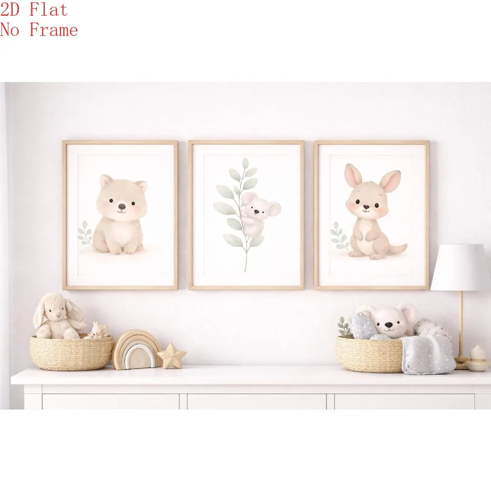 (NoFrame 3PCS)-2D Flat, 3pcsPosters & Prints(Canvas Poster Unframes)Neutral Nursery Wall Art Set of 3 Printable, Koala Wombat