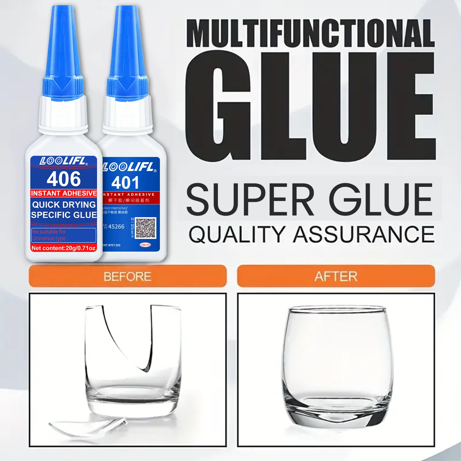 

LOOLIFL- super cyanoacrylate strong glue, waterproof and transparent, thin and thick, providing more uses and more choices.