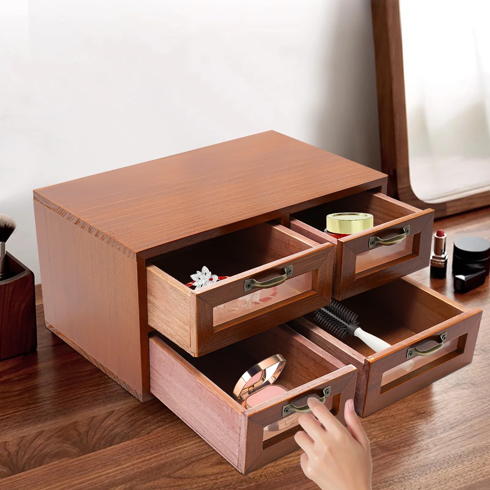 

Compact Desk Apothecary Cabinet, 4 Drawers for Cosmetics, Jewelry, and More, Retro Dark Brown Wood with Top Platform
