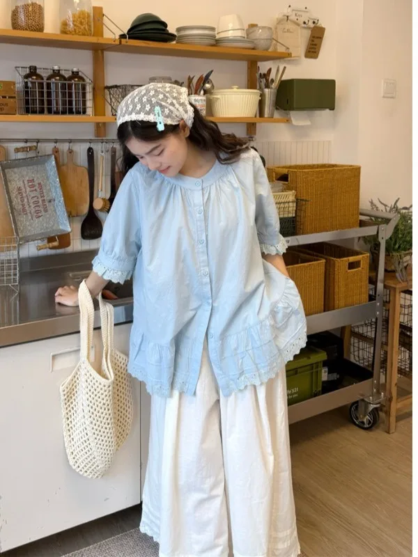 

plus Size Women's Sweet Lace Trim round Neck Short Sleeve Shirt Summer New Style Elegant Loose Versatile Open Cardigan Top