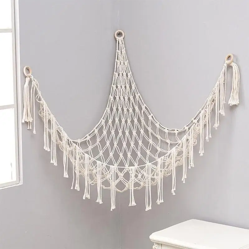 Hand Woven Triangular Toy Storage Net, Wall Hanging Organizer Net Pocket for Kids Room, Stuffed Animals Plush Dolls Storage Hamm