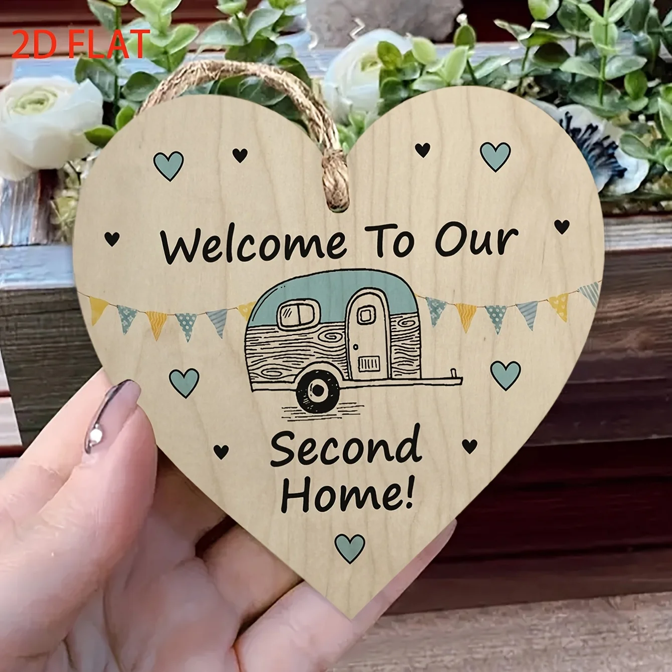 Camping Caravan Theme Heart Wood Hanging Plaque 2D Flat Print Welcome To Our Second Home Wall Decor Ornament Gift for RV Travel
