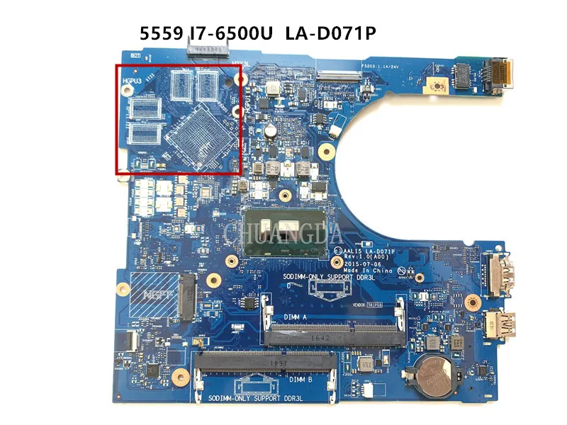 Laptop Motherboard For DELL Vostro V5559 i7-6500U Mainboard LA-D071P 086V8H SR2EZ DDR3 tesed