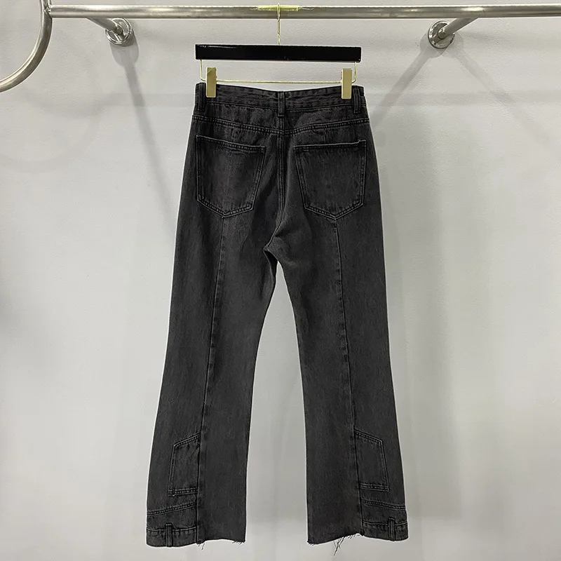 

Denim Pants For Unisex 2024 New Spring/Summer Vintage Mid Waist Cotton Black Washed Flared Design Faded Hem Jeans Casual Style