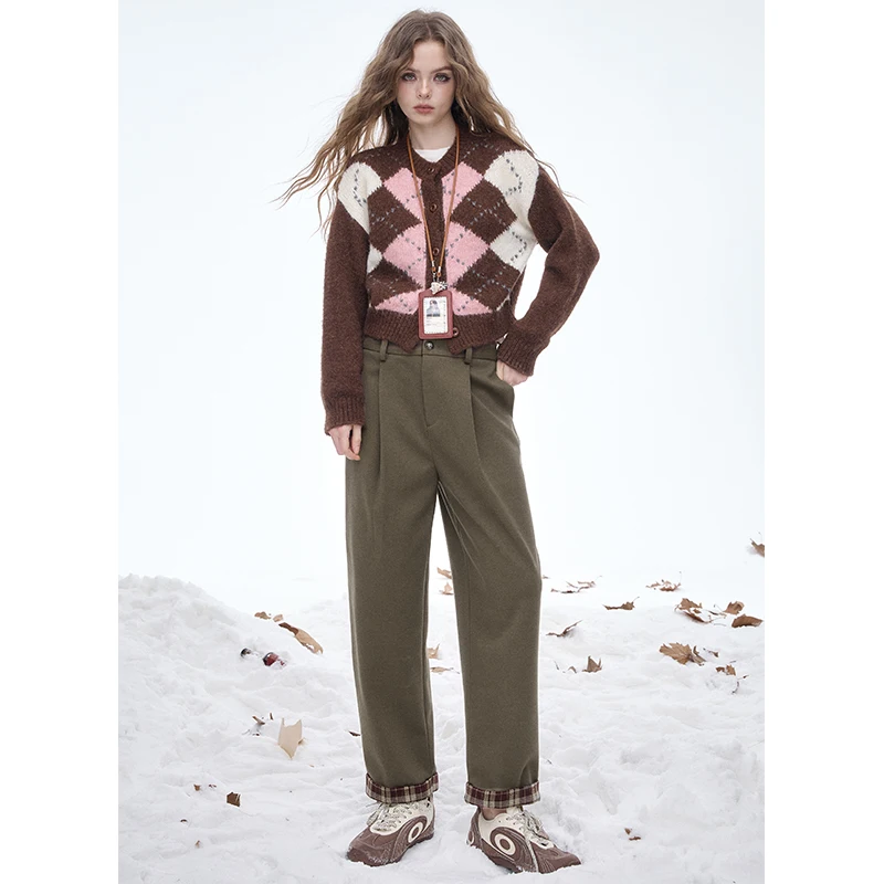 ELFSACK 2025 Winter New Arrivals Casual Preppy Classic Striped Cuff Straight Slim Leg Tapered Long Pants For Women