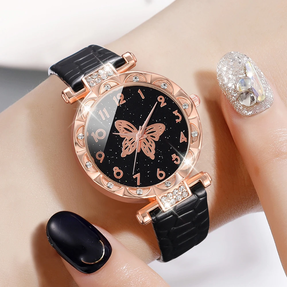 5PCS/Set Black Romantic Quartz Watch Shiny Rhinestone PU Leather Wrist Watch & Jewelry Set Gift For Mom Her Ladies Watch