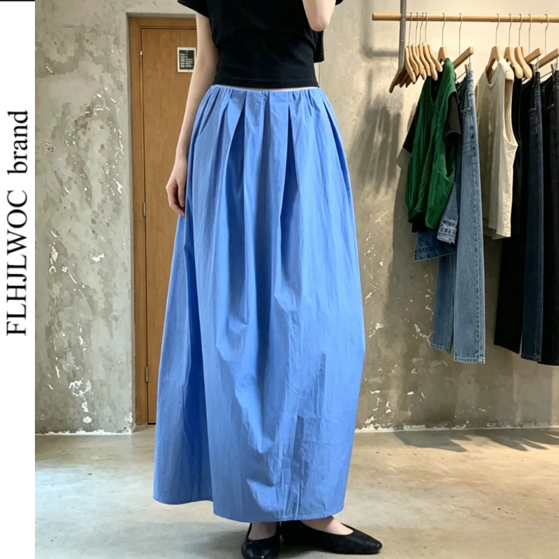 FLHJLWOC Women Bubble Midi Skirt New Fashion 2026 Autumn Solid Blue Retro Vintage Cotton Skirts
