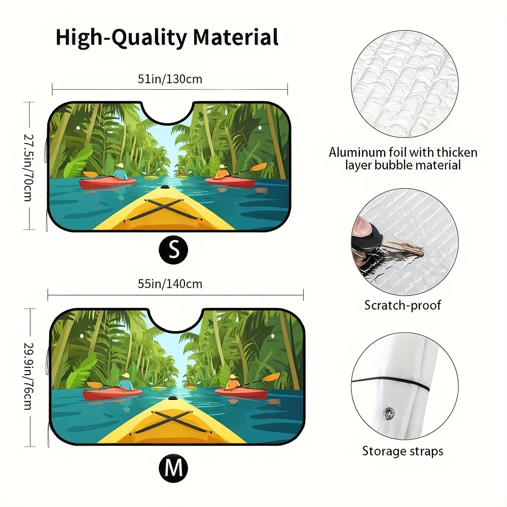 1pc, Kayak Journey In Palms Sunshade With Coconut Trees And Ocean Waterways, Heat Resistant, 4 Suction Cups, Ideal For Coastal E