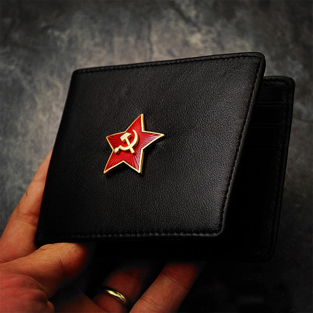 

Soviet 1942 Little Red Star Money Clip Sickle Axe Head Layer Sheepskin Metal Label Eagle Wallet Short Style Purse