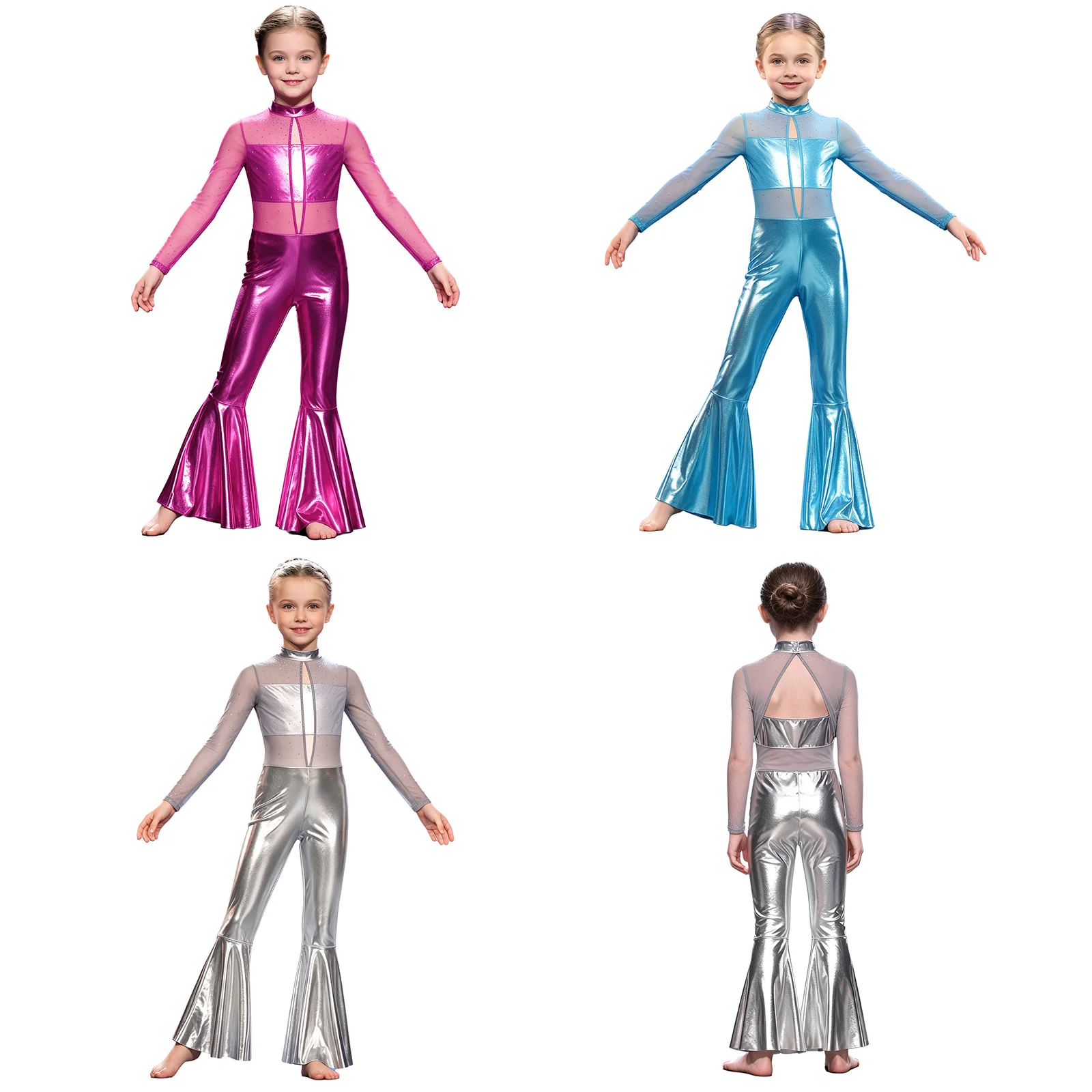 Teen Girls Metallic Shiny 70s Disco Jazz Dance Flared Jumpsuit Long Sleeve Rhinestone Sheer Mesh Bodysuit for Stage Performance