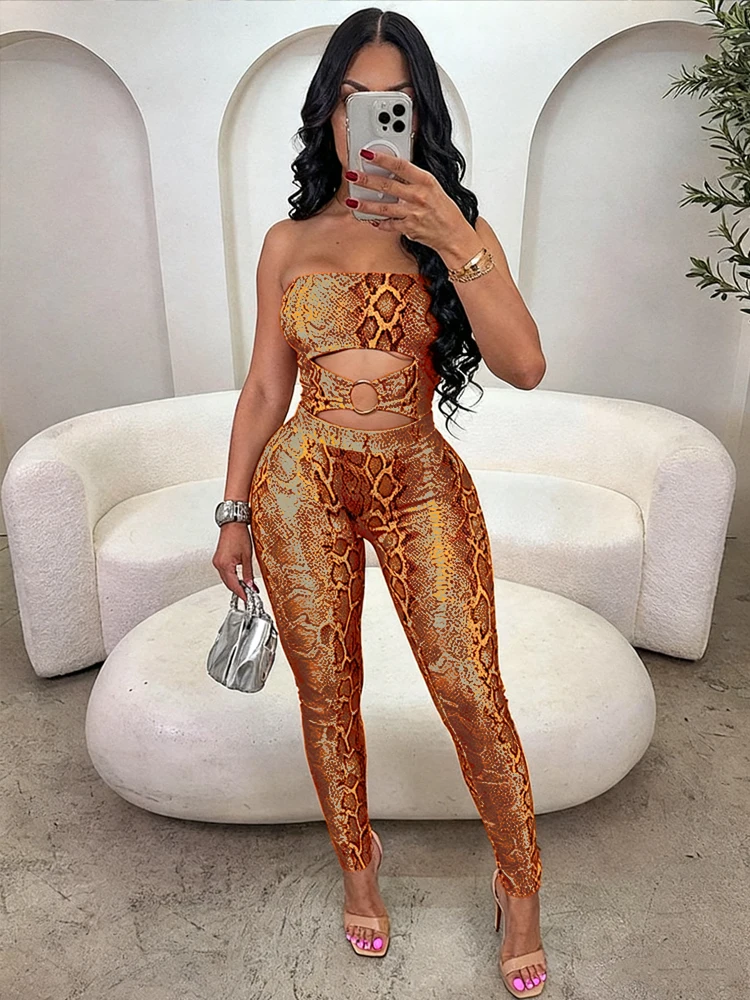 

Leosoxs Sexy Snake Print Jumpsuit Women Y2K Strapless Hollow Metal Cirque Midnight Workout Activity Hipster Stretch Overalls