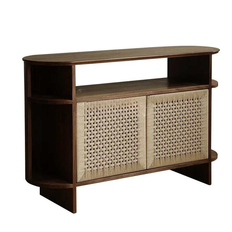 

Nordic solid wood dining side cabinet black light cabinet new Chinese Japanese rope braided rounded corner foyer locker