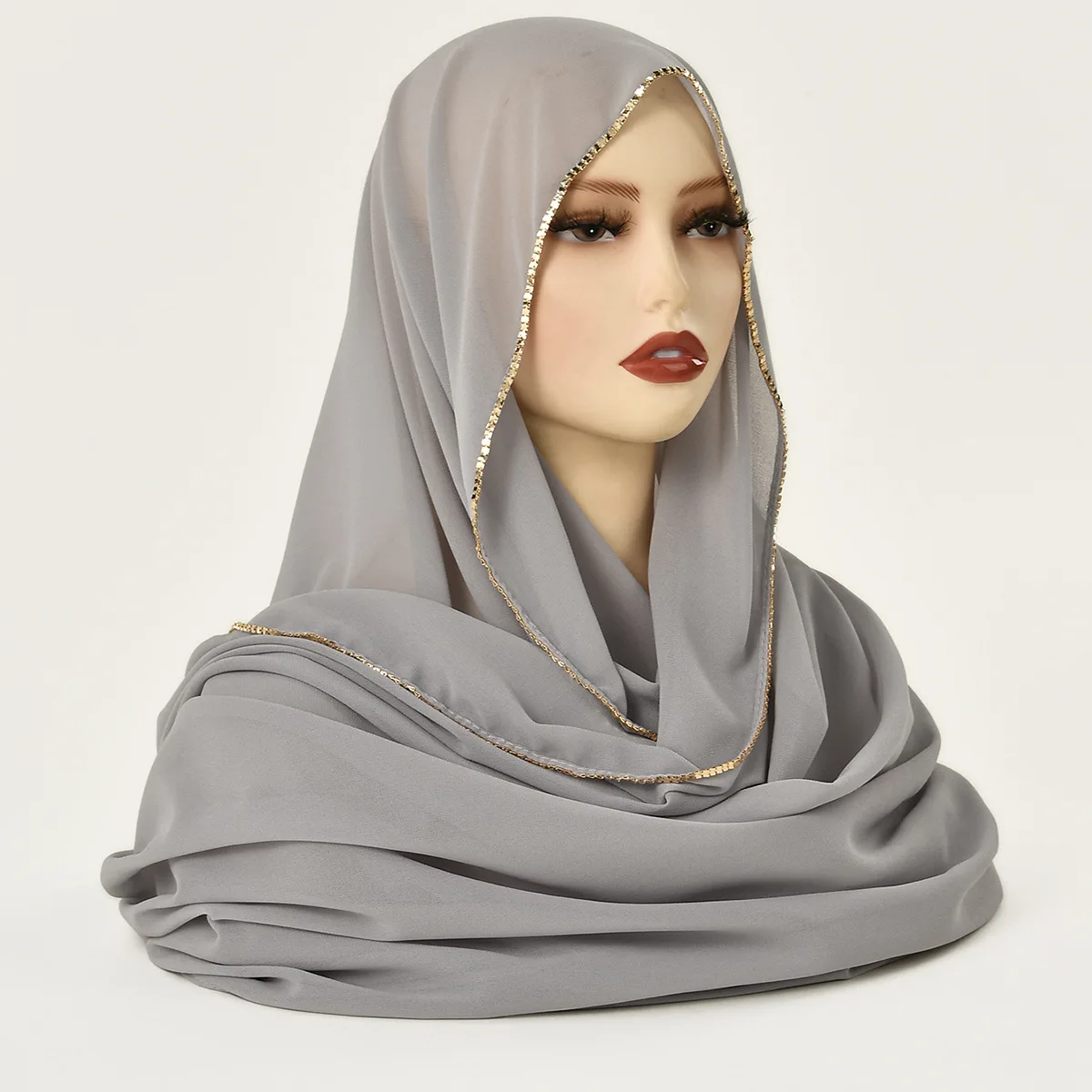 

Premium Length 180*70cm solid color pearl chiffon wide stripes chain hot diamond long scarf popular headscarf for women Mujer