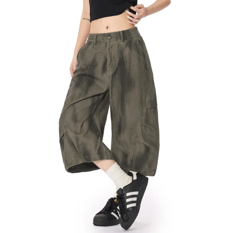 OR LF American Pleated Feel Seven Points 100 Cotton Women Cargo Trousers A Sense of Sophistication Cool Stylish Wide Leg Pants