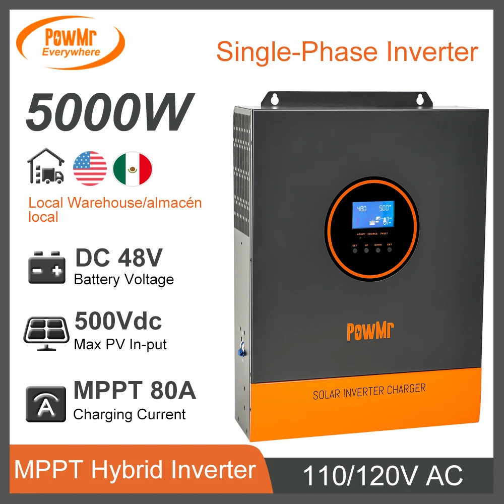 5KW Hybrid Solar Power Inverter 48V DC To 110V/120V AC with 80A MPPT Solar Charger Pure Sine Wave inversores solares Max PV 500V