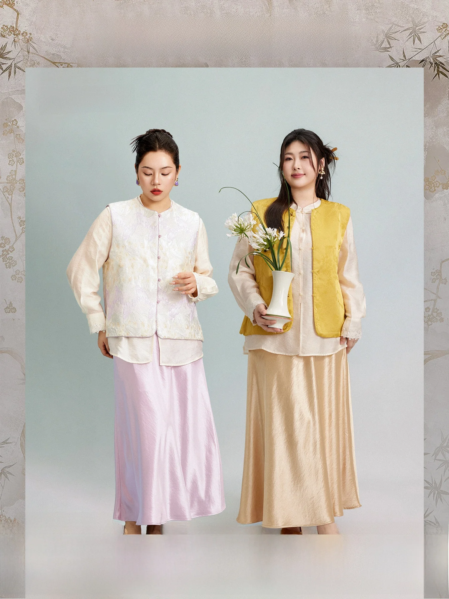 

Plusmall Purple Yingluo Yellow Double Sided Wear Embroidered Satin Fish Tail Half Skirt Shirt Set Women's plus Size Spring Co...