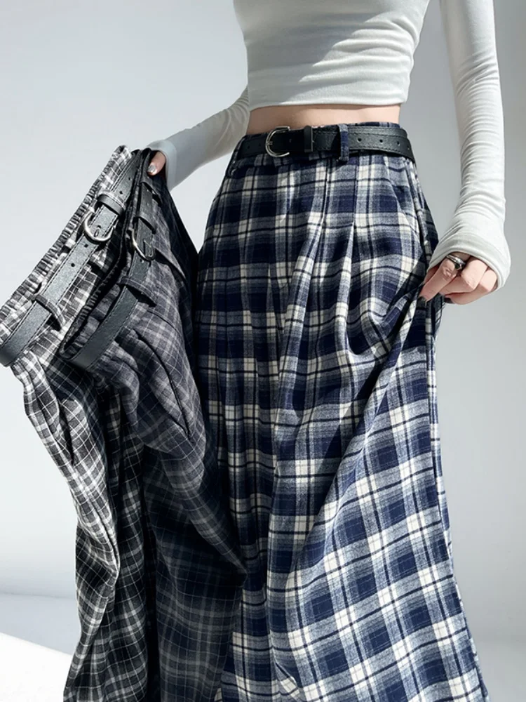 Pantalon à carreaux pour femmes, grand, américain, décontracté, ample, taille haute, jambe droite, élément de transport, sans étirement