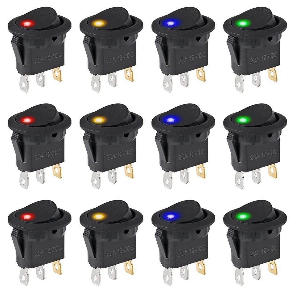 12Pcs Rocker Switch Toggle 12v SPST 3 Pins 2 Position ON/Off Blue LED Light Illuminated Boat Switch