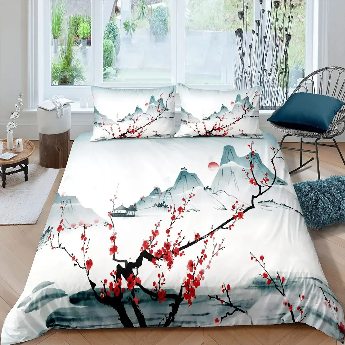 Plum Blossom Bedding Red Flower Floral Comforter Cover for Kids Girls Teens Women Butterfly Branches Duvet Cover Ink Style Decor