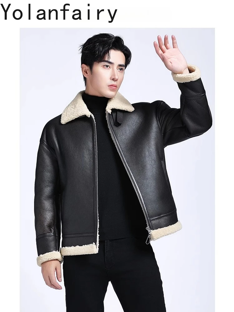 YOLANFAIRY Vintage Natural Fur Coat Man Winter Warm Genuine Sheepskin Leather Jacket Men Clothes Casual Lapel Abrigo Piel Hombre