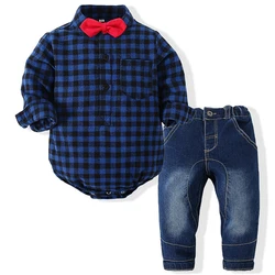 2Piece Fall Toddler Boy Outfits Newborn Clothes 0 3 Months Korean Fashion Plaid Long Sleeve Bodysuit+Jeans Baby Clothing BC1636