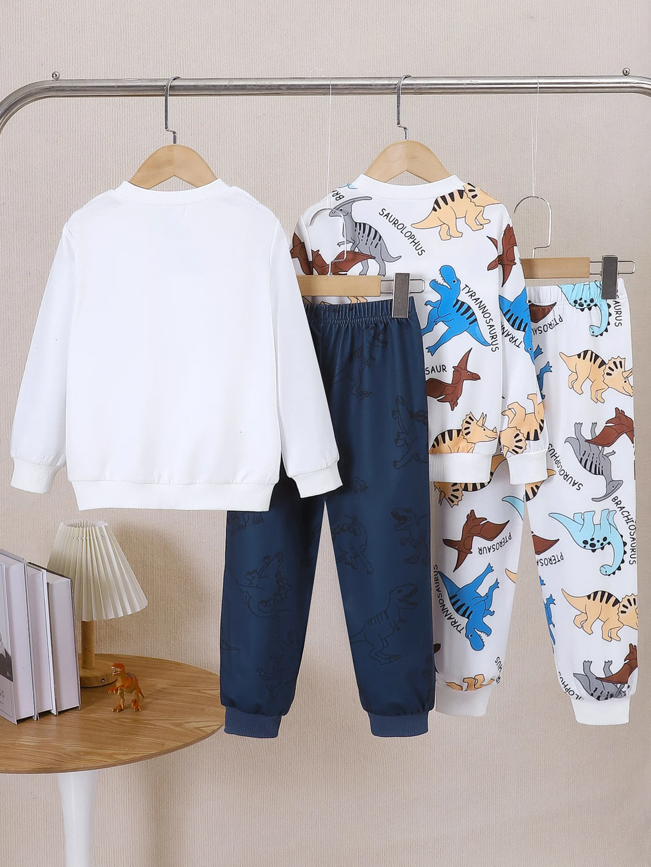 4PCS Boys Spring Autumn Long Sleeve Top Comfortable Dinosaur Patterned Pants Set Stylish Handsome Kids Clothing