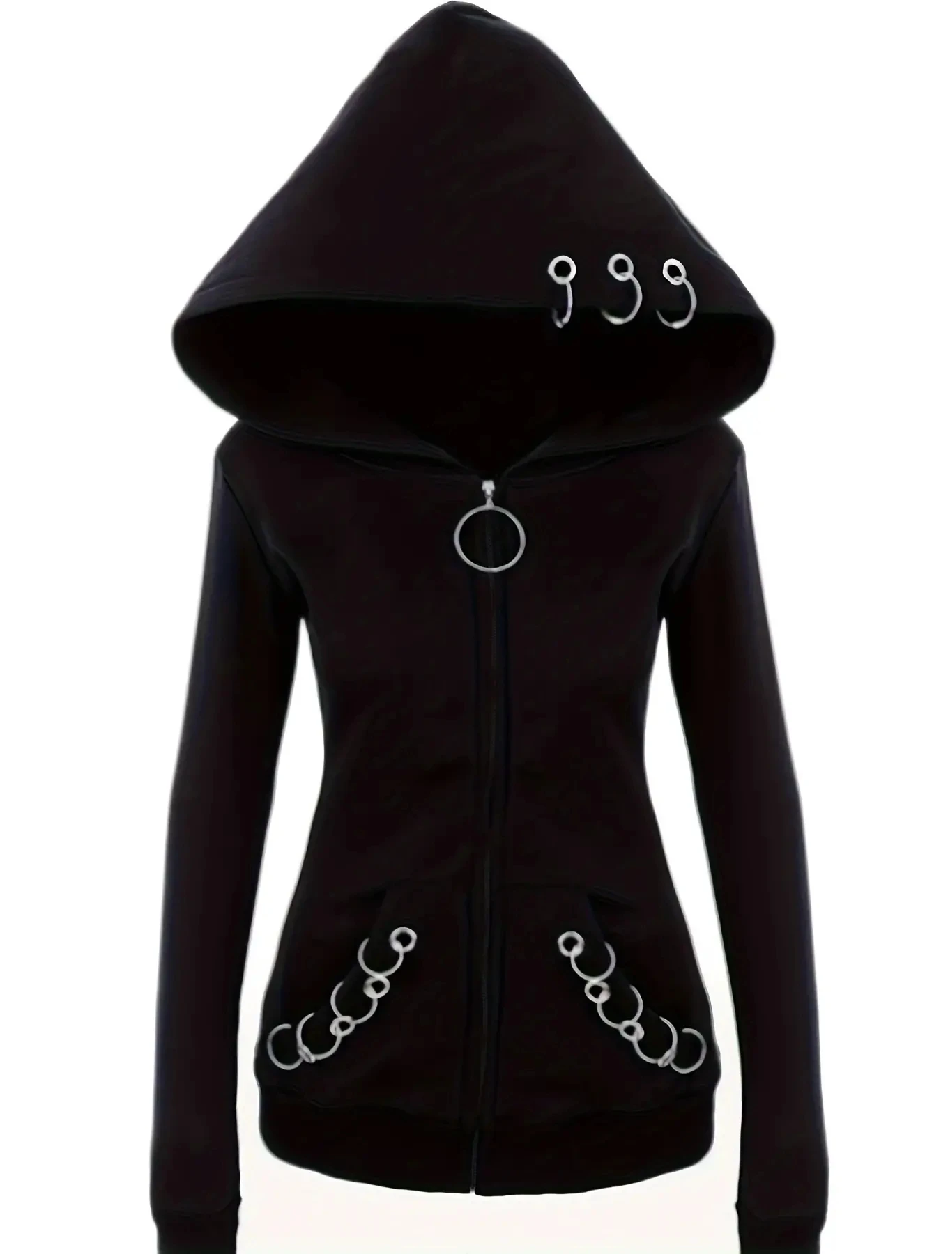 Gothic Punk Womens Full-Zip Hooded Sweatshirt - Allure-Enhancing Long Sleeves, Timeless Solid Black, Fashion-Forward Design - Em