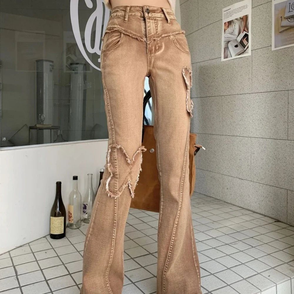 Imagem -04 - Calça Jeans com Fundo Sino para Mulheres Calça Marrom Queimado com Bolsos Calça de Cintura Alta Shot Lavagem Média Estética Gyaru r