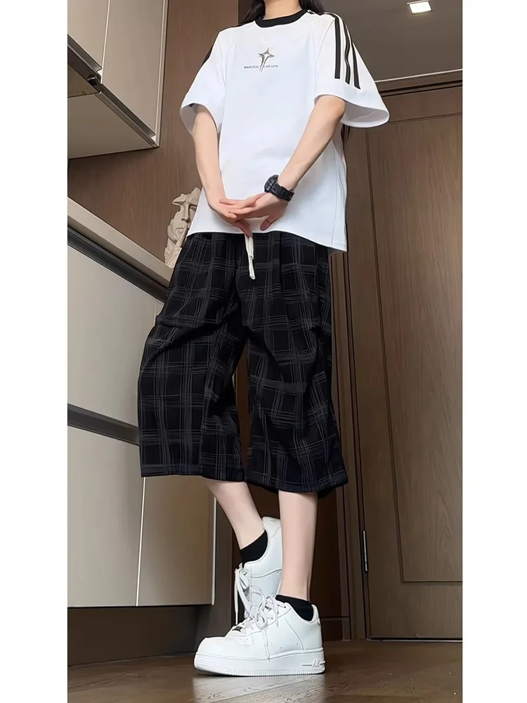 

Свободные повседневные брюки в клетку в американском стиле ретро, новые летние брюки High Street Drapey, повседневные прямые брюки для путешествий, крутые ощущения