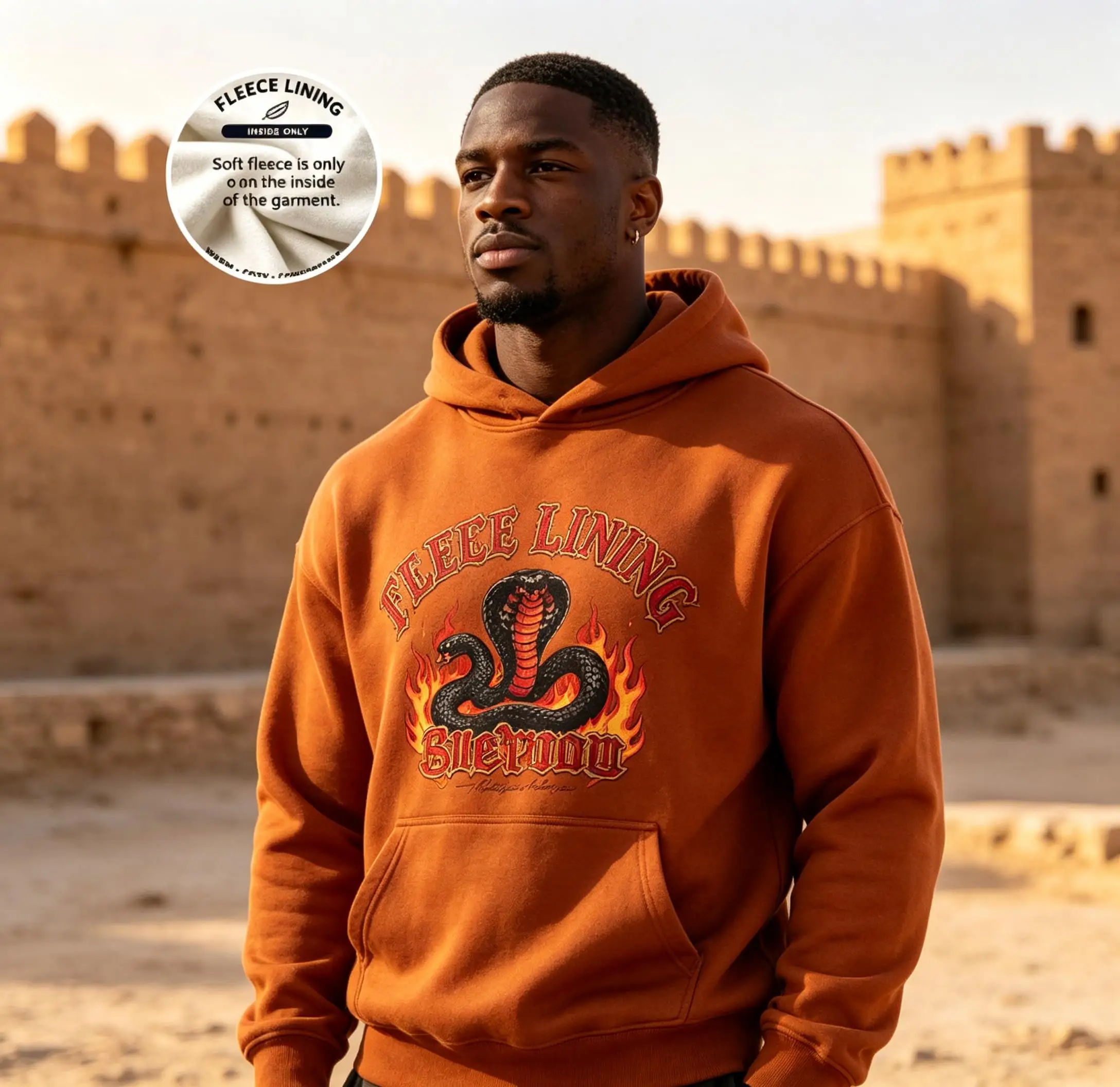 Men Fleece Lined Hoodie Caramel Vintage Cobra Snake Flame Letter Print Drawstring Pullover Streetwear Sweatshirt
