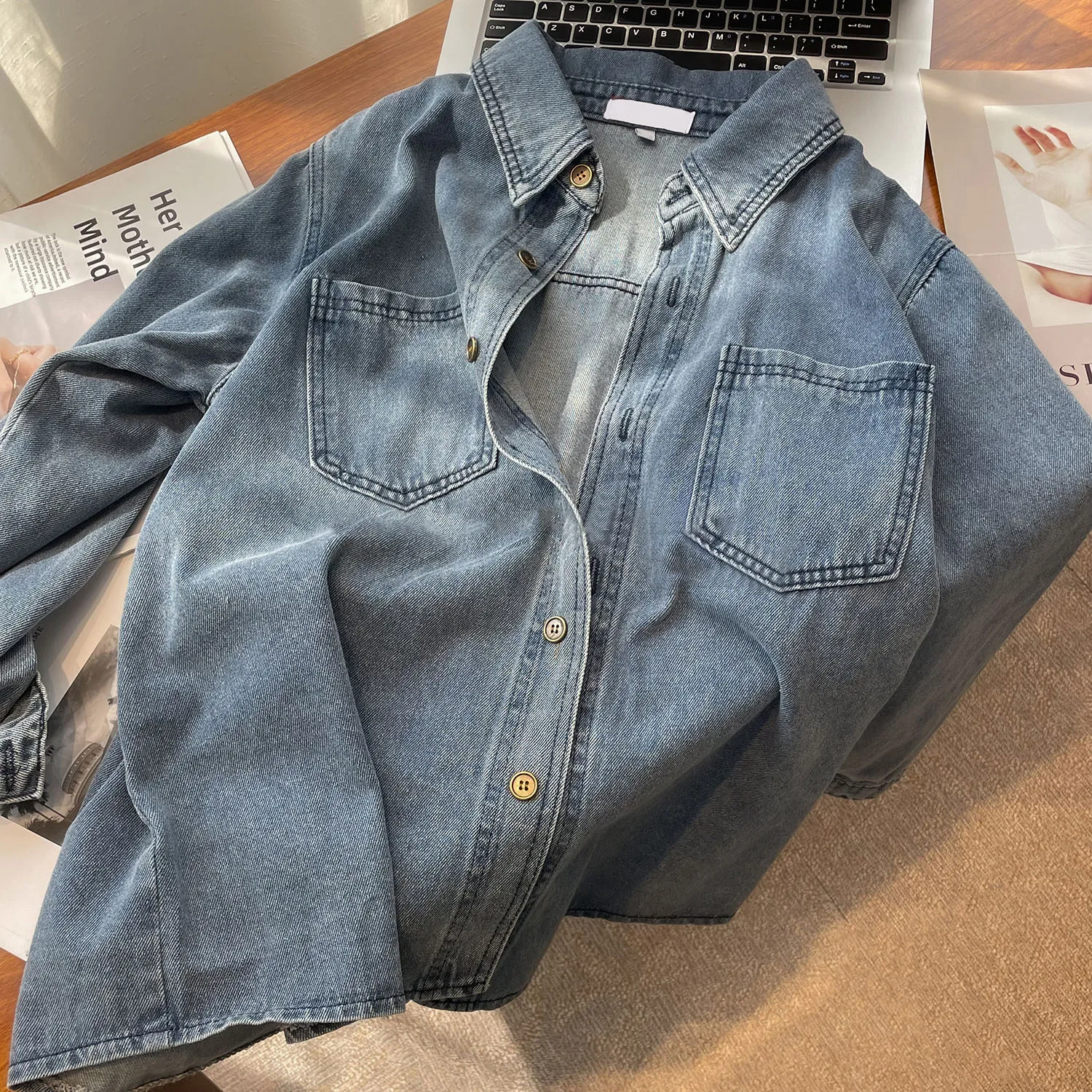 Retro Turn Down Collar Blue Denim Shirt Spring Autumn Long Sleeve Single Breasted Loose Women Blouse Female Versatile Tops