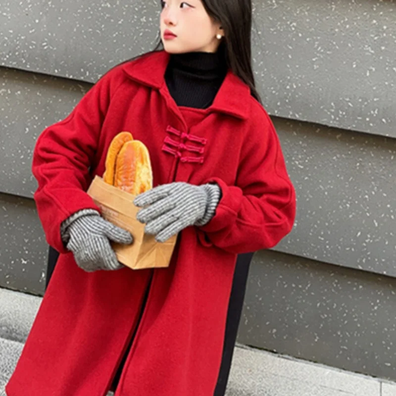 Girls Woolen Coat Overcoat Jacket Windbreak 2024 Red Warm Plus Thicken Autumn Winter Cotton Teenagers Children's Clothing