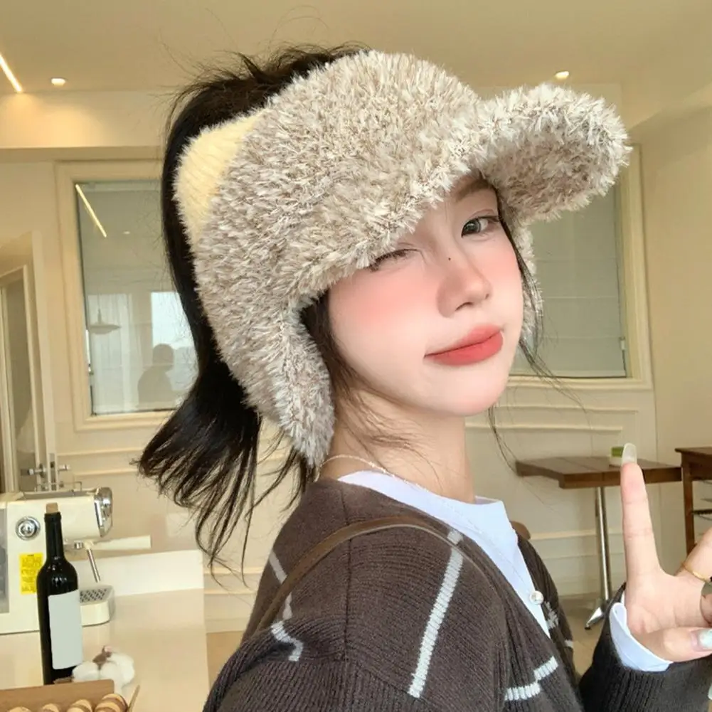Winter Warm Plush Hat Winter Ear Warmer Winter Visor Cap with Ear Flaps Plush Hat with Brim Open Top Ponytail Hat Cute for Women