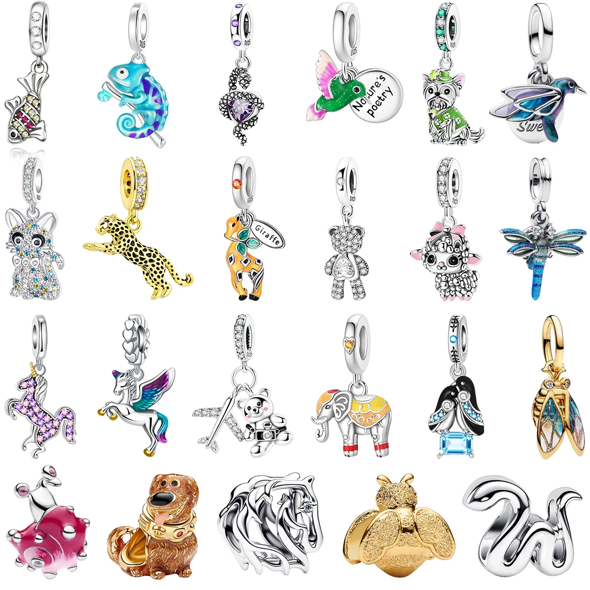 925 Sterling Silver Creature Chameleon Hummingbird Leopard Unicorn Bee Dangle Charm Enamel Inlaid Gem DIY Bracelet Gift Jewelry