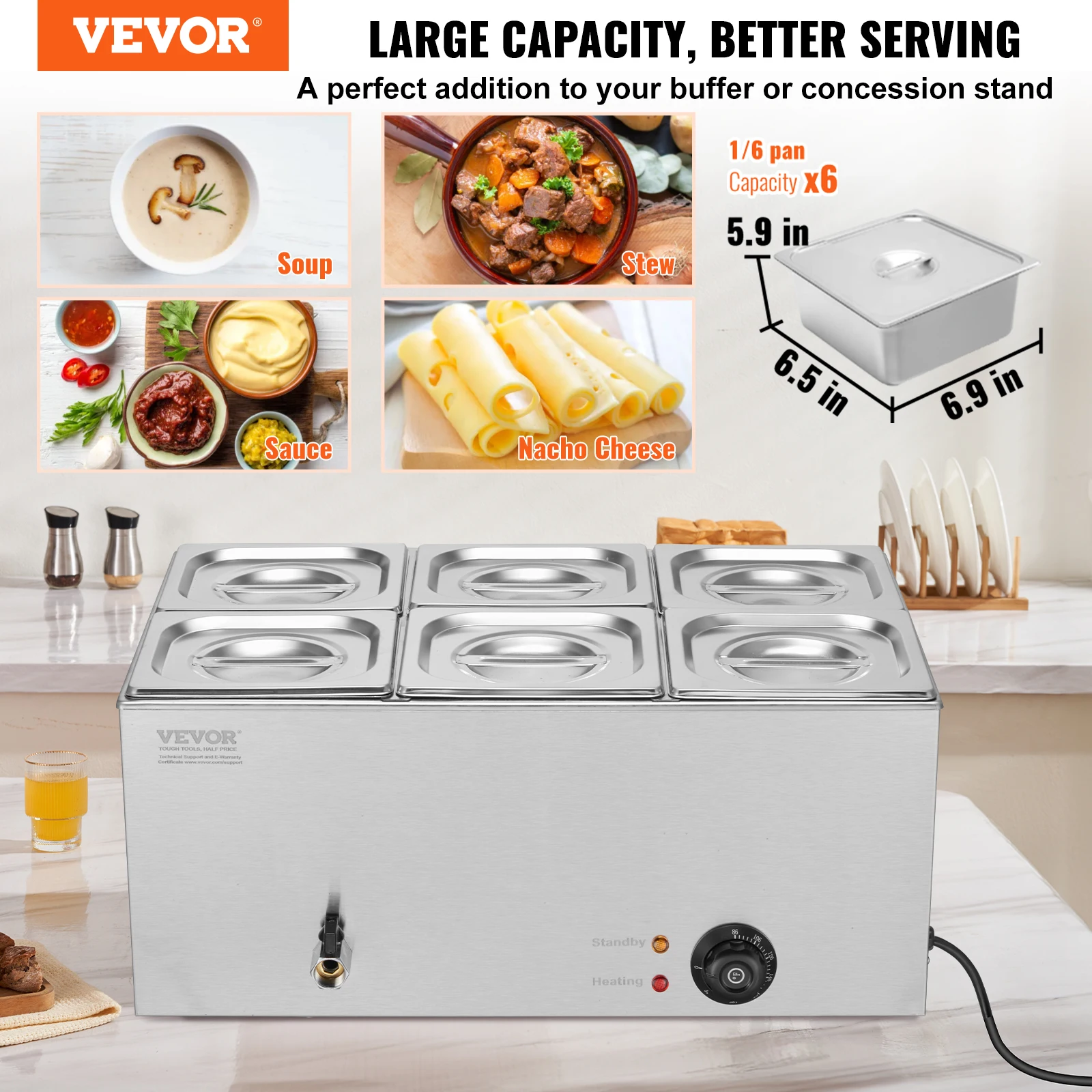 VEVOR Commerciële voedselverwarmer met 6 panpen, 14,3QT elektrische stoomtafel, 1200 W professioneel aanrecht roestvrijstalen buffet Bain Marie