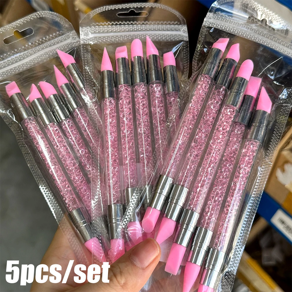 5 pz Set Rosa Bianco Dual Ended Silicone Intagliare Pennelli Per Unghie Artistiche Penna 3D Fiore Scolpire Goffratura Gel Che Modella Pennelli Da Disegno FAI DA TE