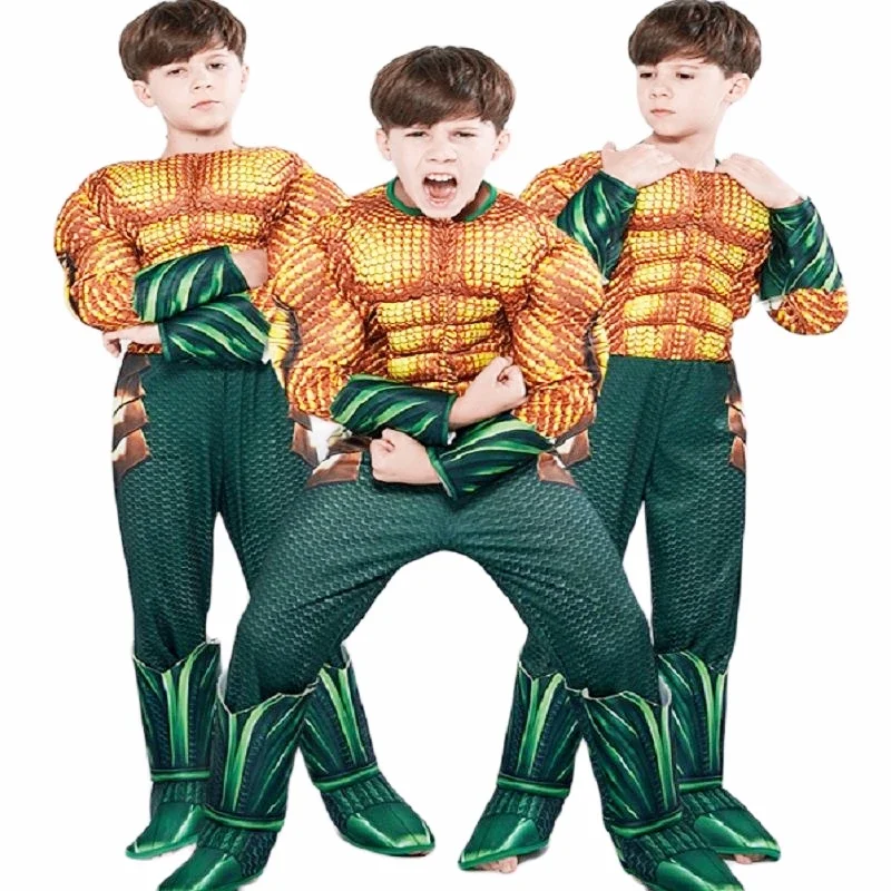 2024 Halloween Anime Kostuums Jongen Oceaan Goud Aquaman Muscle Cosplay Kostuum Kinderen Superheld Carnaval Rollenspel Pak Jumpsuits