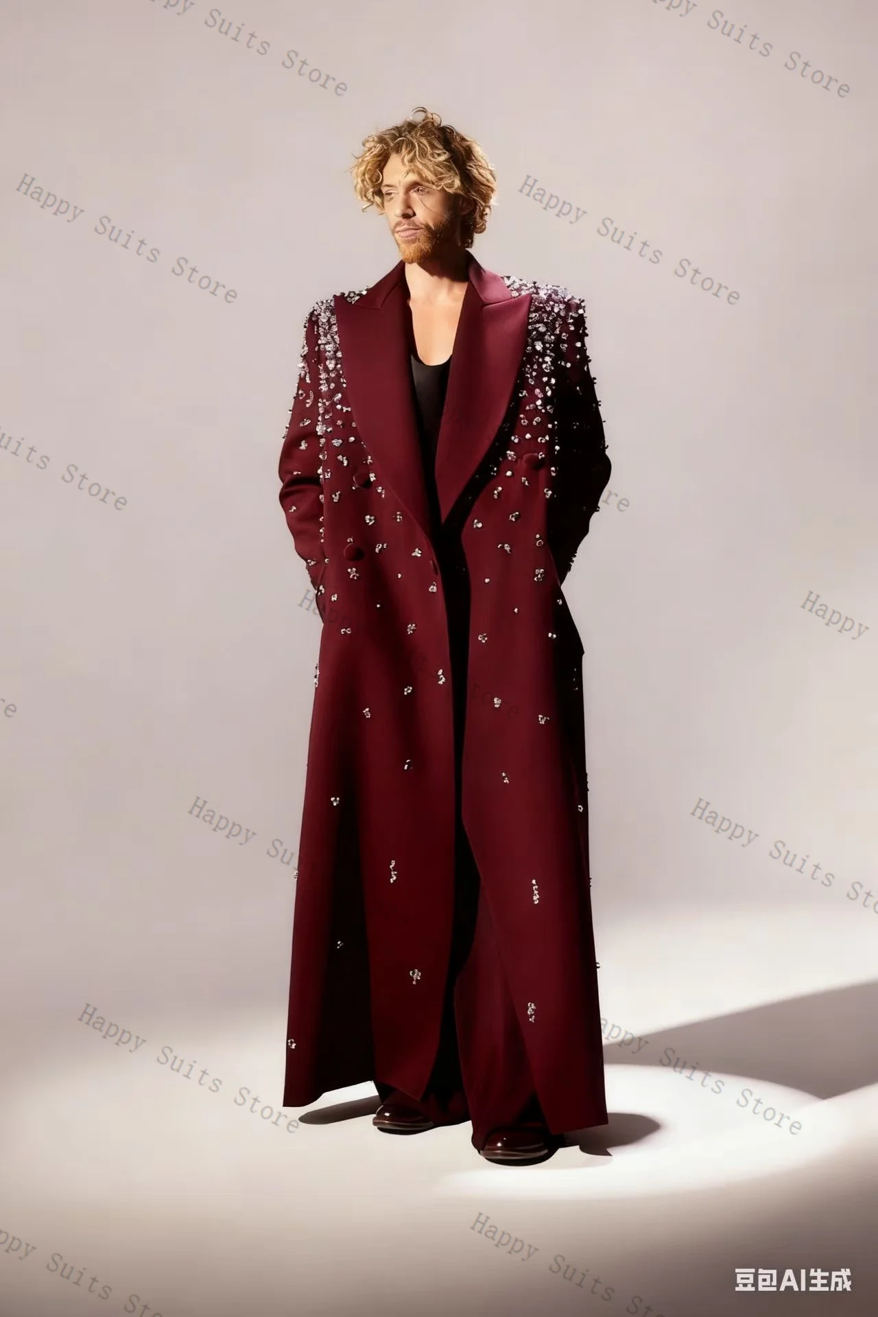 بدلة رجالية عنابي 1 قطعة سترة طويلة للحفلات الراقصة فستان كريستالي لامع من القطن معطف رسمي للمكتب سترة سهرة مخصصة للزفاف #1