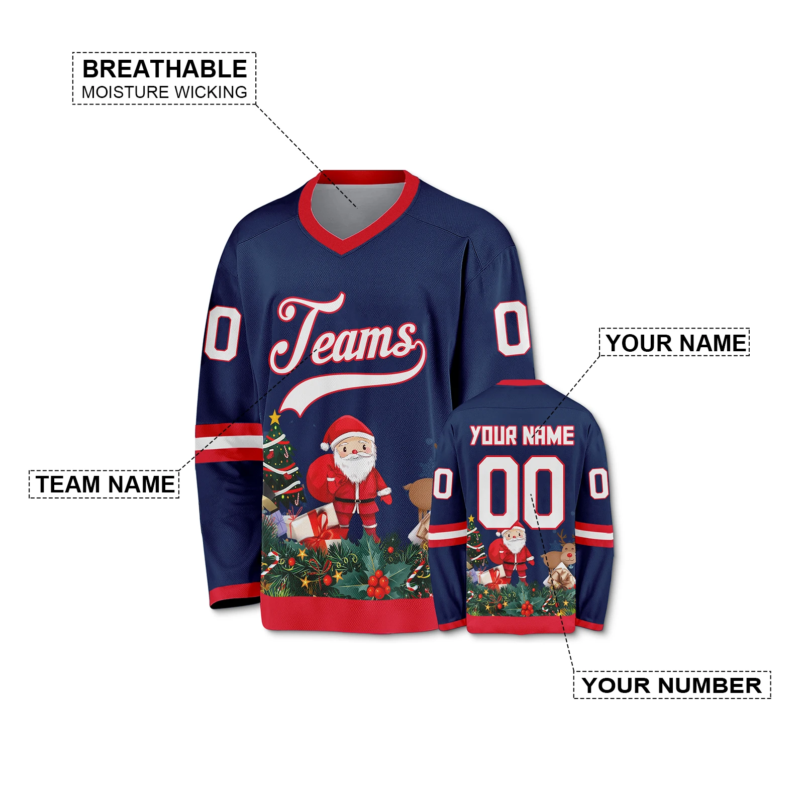 Navy Red Custom Hockey Jersey Christmas Santa Shirts Personalized Team Name Number V-Neck Uniform Men Women Kids Fans Gifts