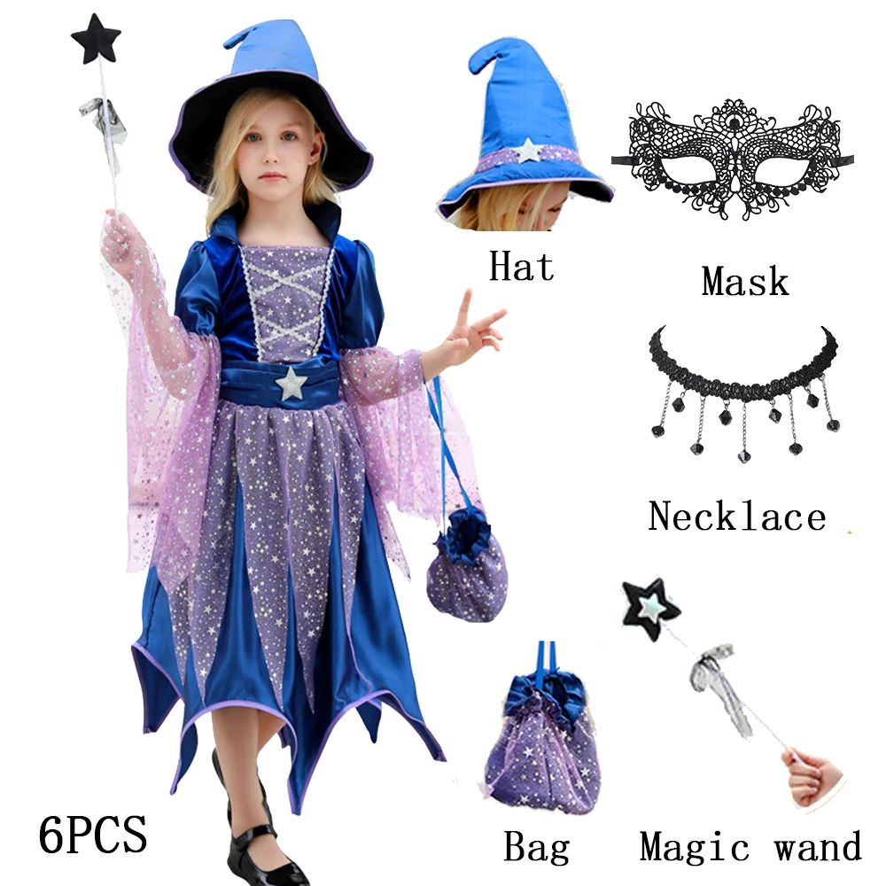 

Girls Witch Dress Cosplay Masquerade Mage Halloween Costumes &Magic wand&Hat Witch Clothing Halloween Carnival Party Dresses Up