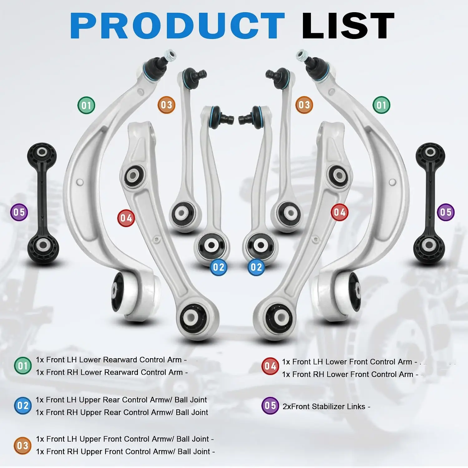 Front Lower and Upper Control Arm for Compatible European Luxury AWD Sedan, Coupe, and SUV Models