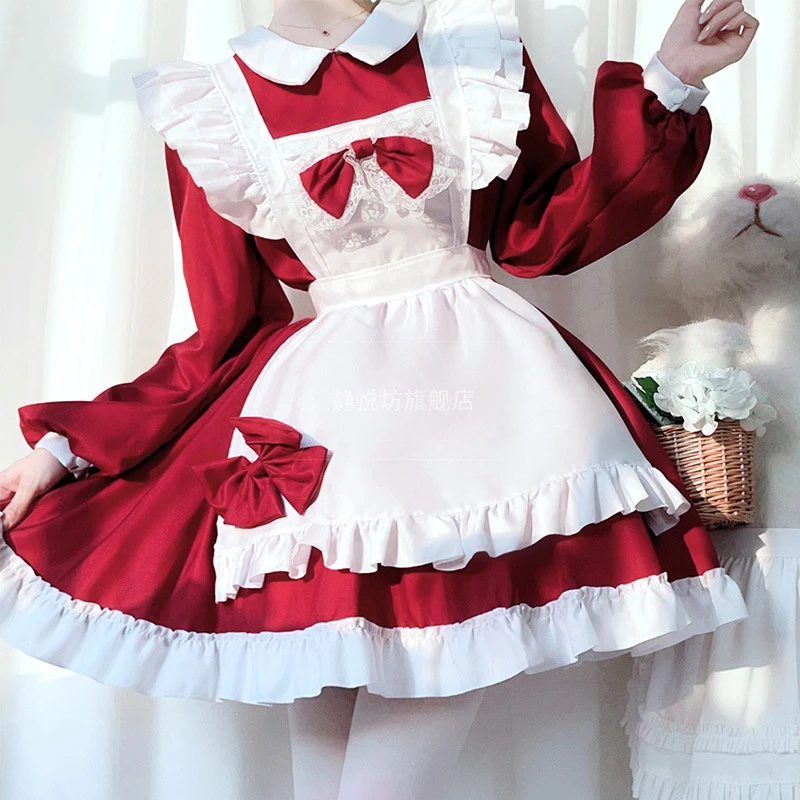 Plus Size Meid Cosplay Akihabara Kat Meisje Rode Lange Mouwen Mooie Dienstmaagd Lolita Jurk Anime Koffie Huis Kleding 3-delig