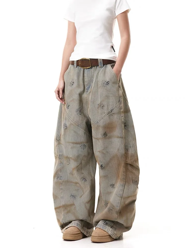 

Retro American Mud Dye Heavy Work Loose Wide Leg Jeans Men Women Water Waed Baggy Jeans Youth Casual Wear All Seasons