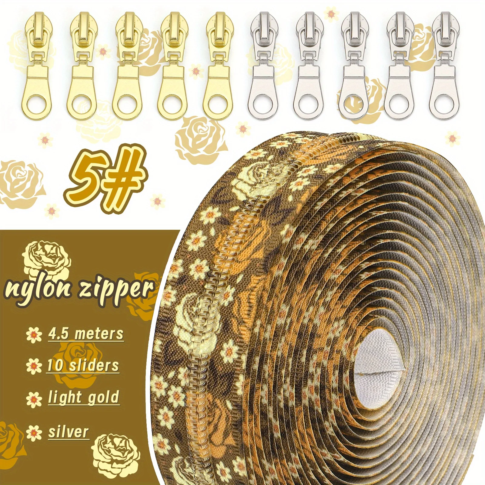 1 Set, 4,5 Meter Reißverschluss, mit goldenem und silbernem Reißverschlusskopf, 5 # Bedruckter Nylon-Reißverschluss, 10 verriegelte Reißverschlussköpfe