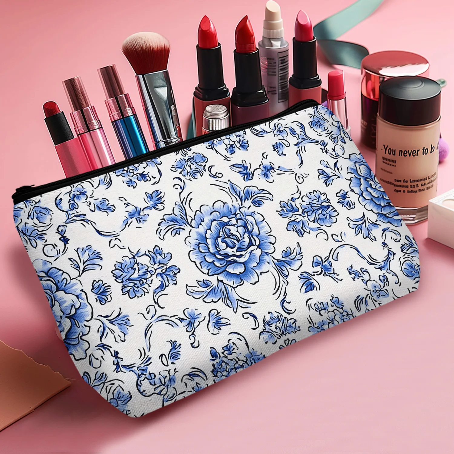 1 Pc Vintage Blue Floral Pattern Cosmetic Bag For Women Multifunctional Travel Makeup Organizer Portable Friend Home