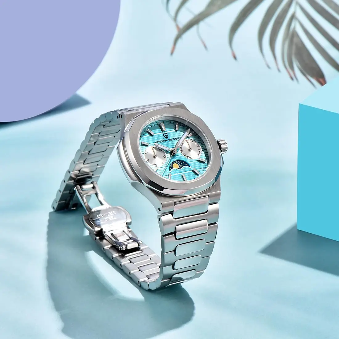 PAGANI DESIGN PD-1786 Relojes de cuarzo para mujer Reloj de pulsera resistente al agua de acero inoxidable de lujo de 32 mm con fase lunar