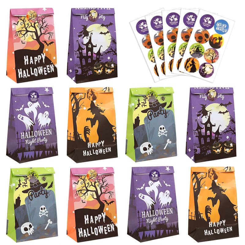 10/20 Stück Halloween-Süßigkeiten-Geschenktüten mit Verschlussaufklebern, Halloween-Party-Geschenke für Kinder, Süßes oder Saures, Snack- und Kekstüten