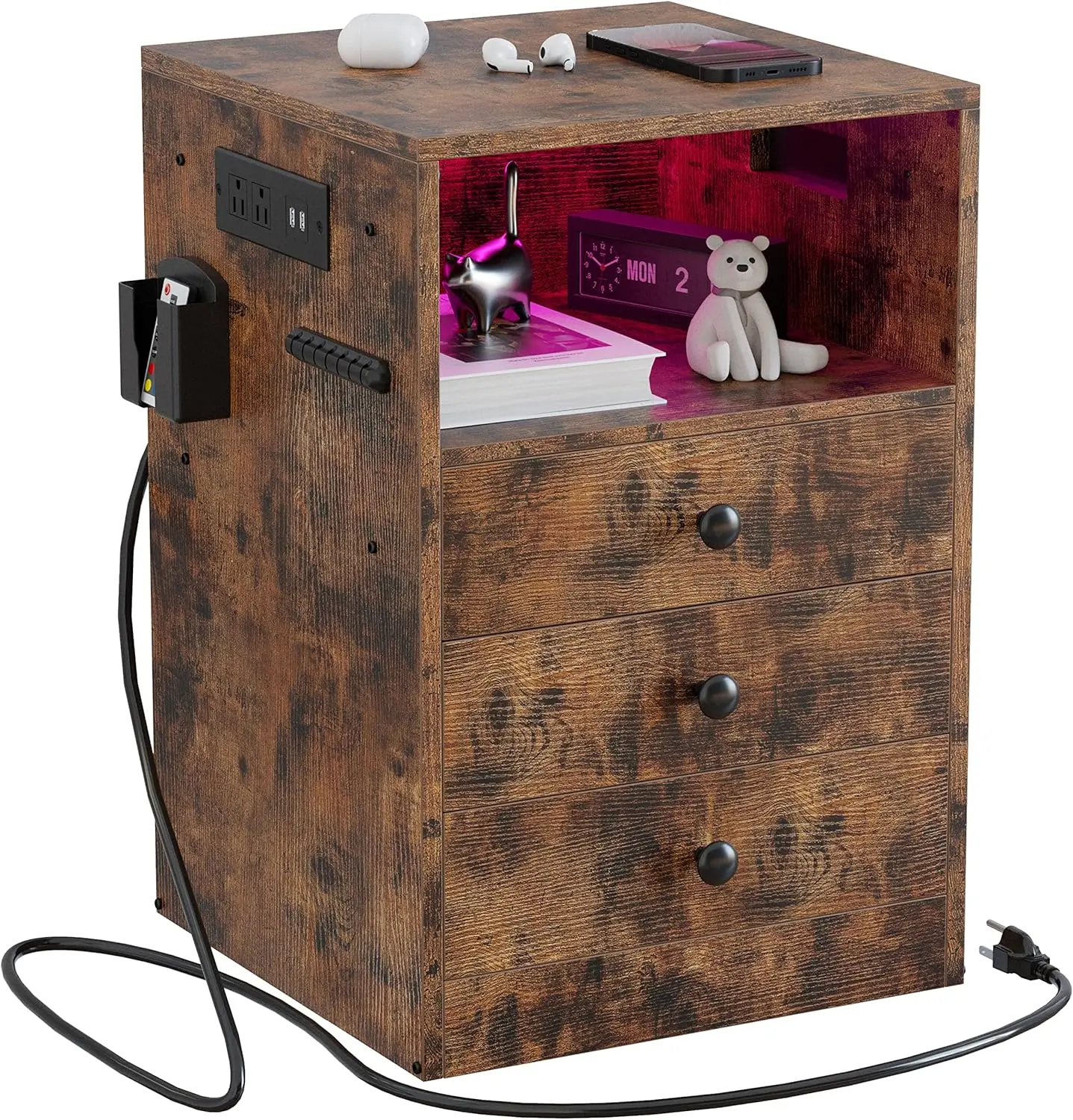 

Nightstand with Charging Station and 3 Drawers, LED Lights End Side Table with Interchangeable sockets and , Vintage Brown